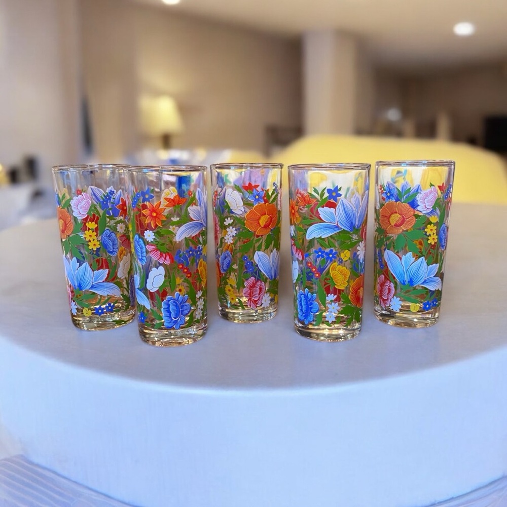 Set of 5 Colorful Floral Glass Tumblers Set Reims France. - Picture 4 of 6